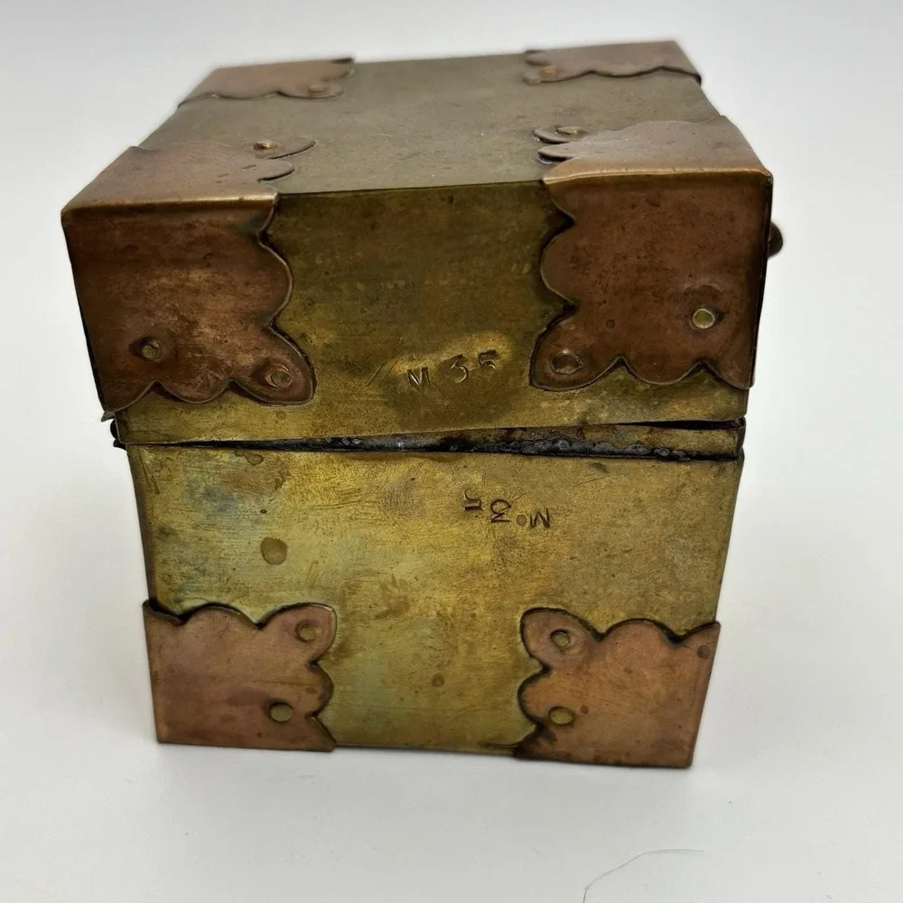 Vtg Brass‎ Copper Box Wood Lined  Hand Crafted Brass Fitted Made In India Patina